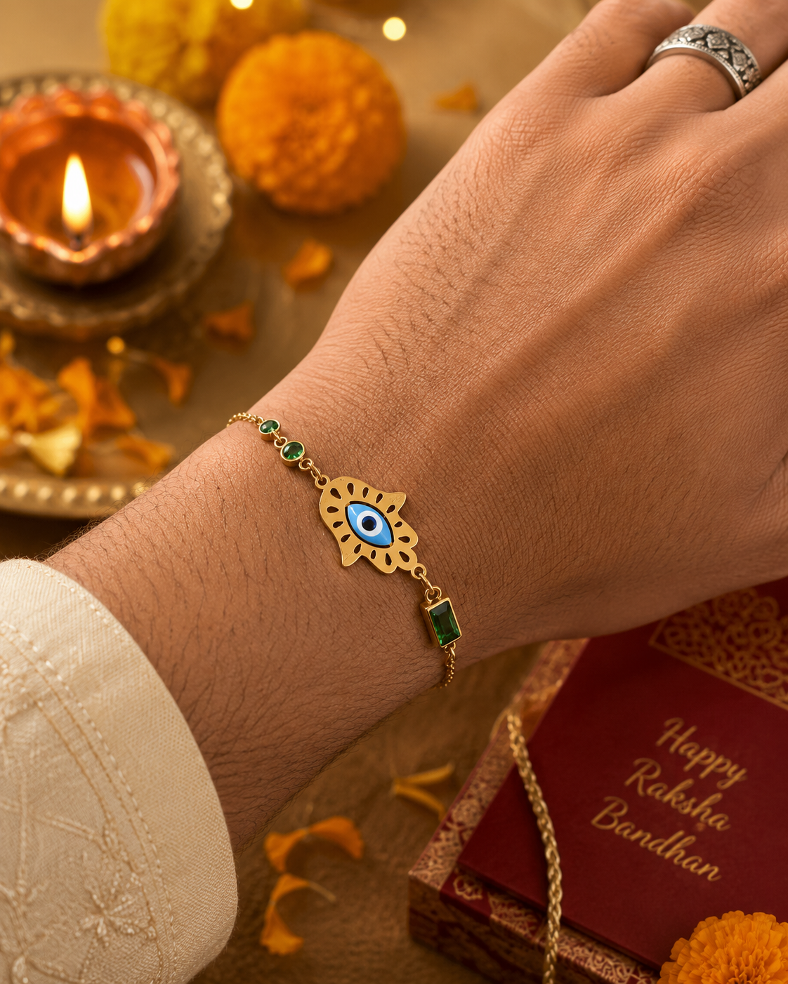 Emerald Evil Eye Rakhi – Gold Finish