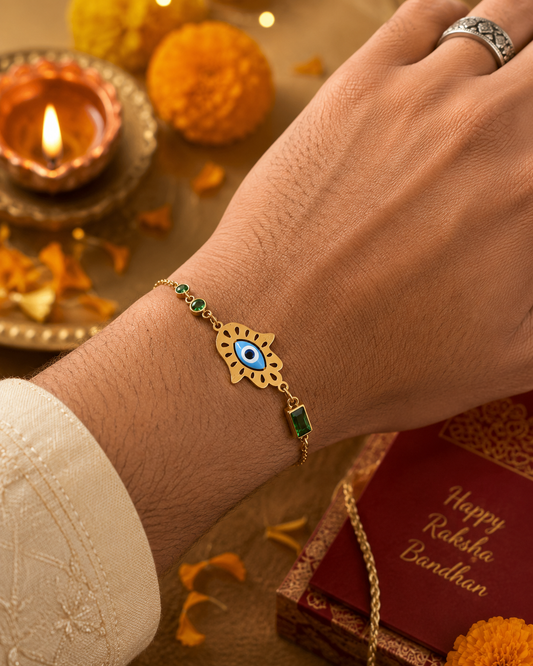 Emerald Evil Eye Rakhi – Gold Finish