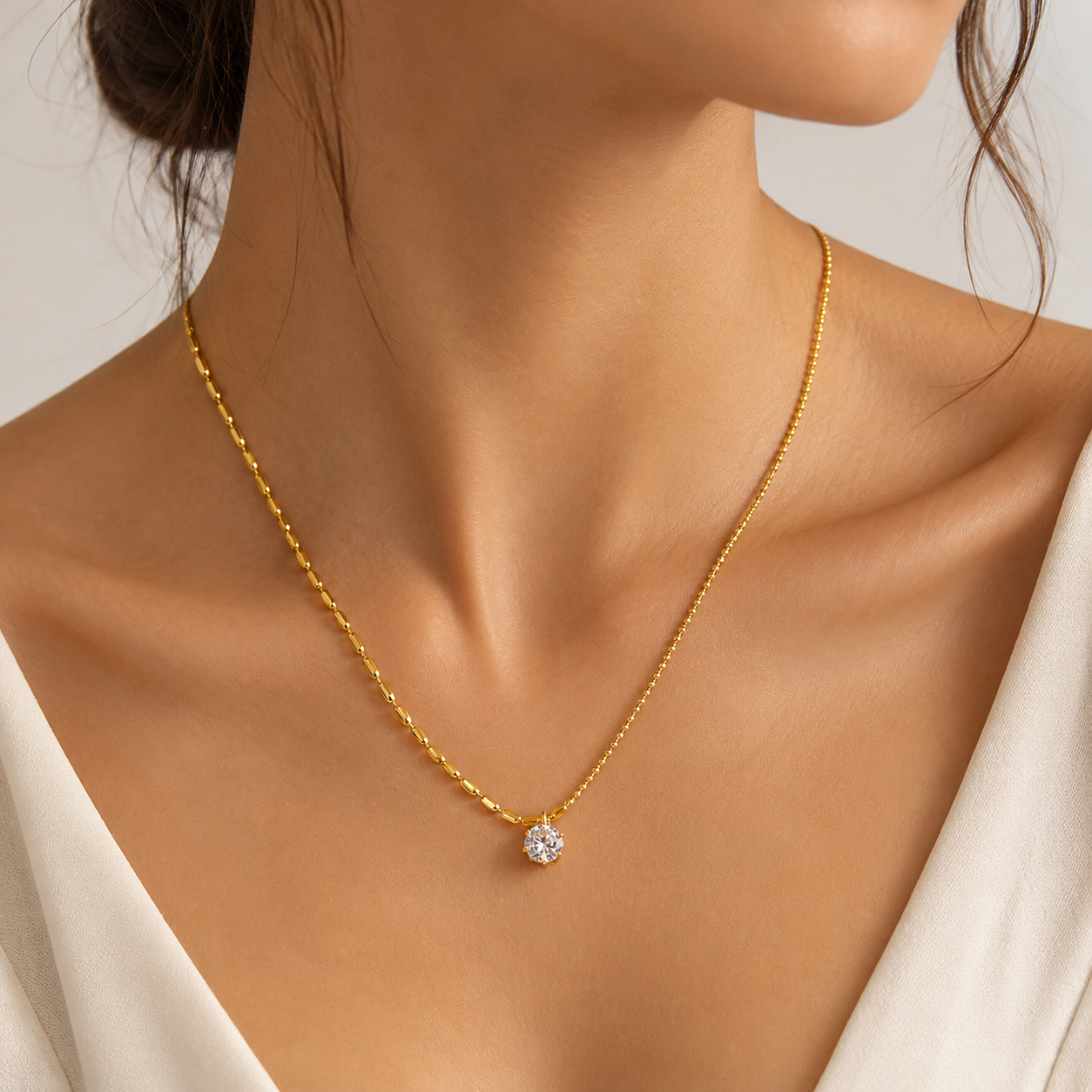 Gold Dainty Bead Solitaire Necklace