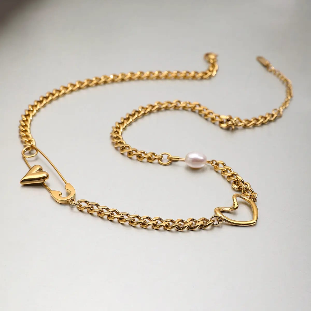 Gold Heart & Safety Pin Necklace