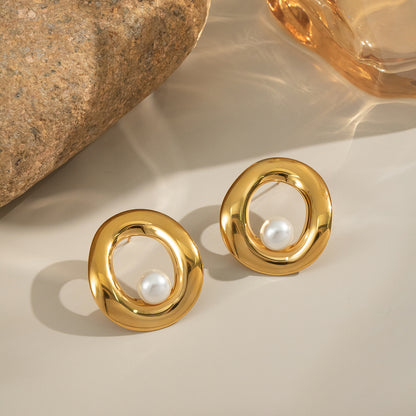 Gold Organic Pearl Loop Earrings