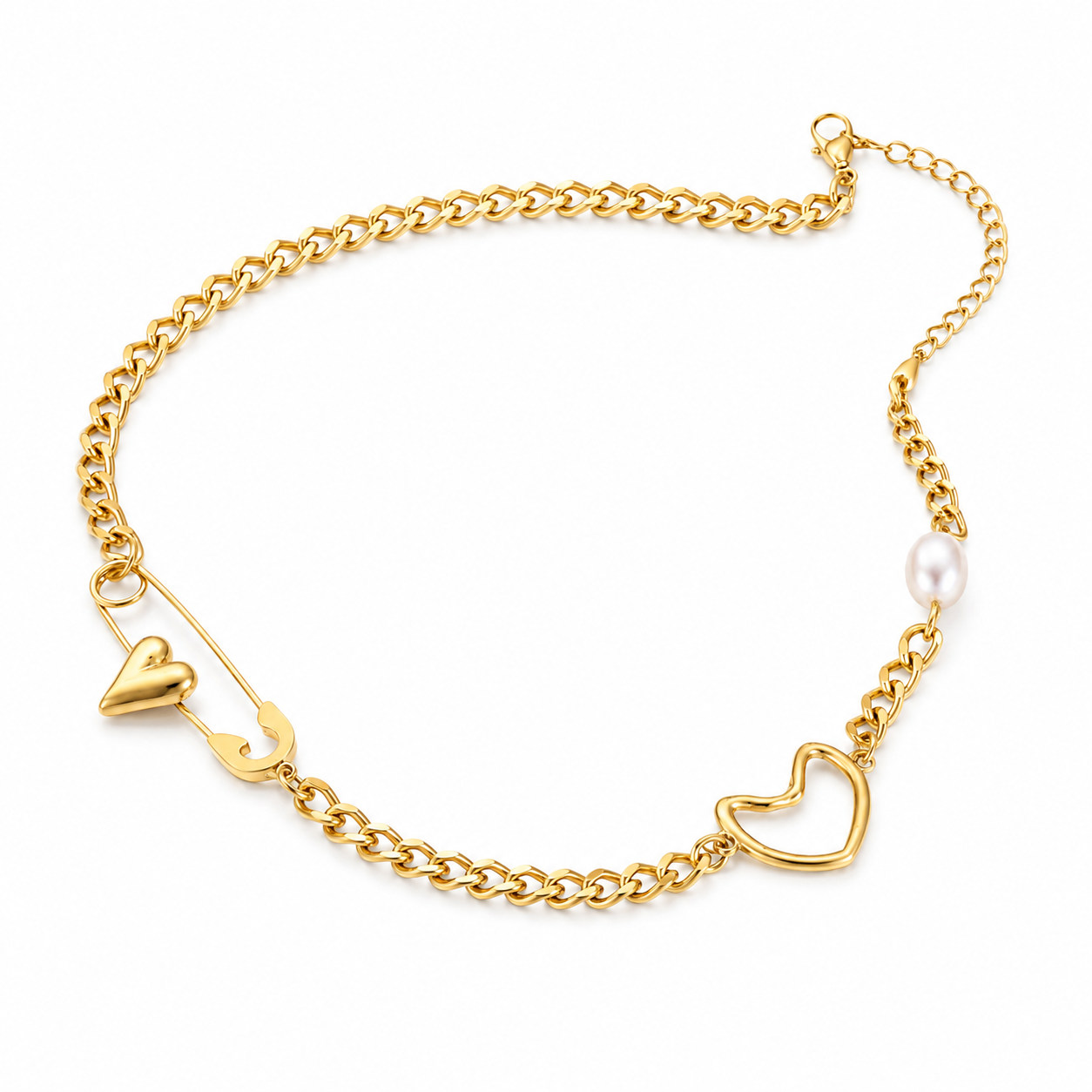 Gold Heart & Safety Pin Necklace