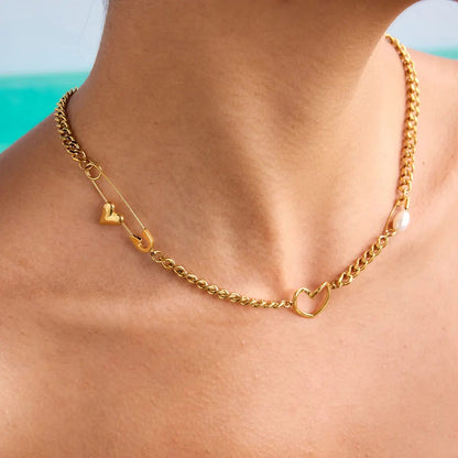 Gold Heart & Safety Pin Necklace