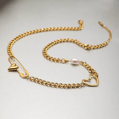 Gold Heart & Safety Pin Necklace