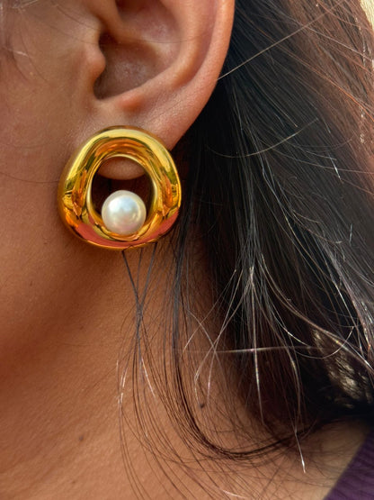 Gold Organic Pearl Loop Earrings