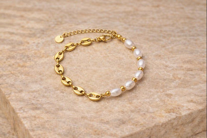 White & Gold Pearl-Link Bracelet For Women